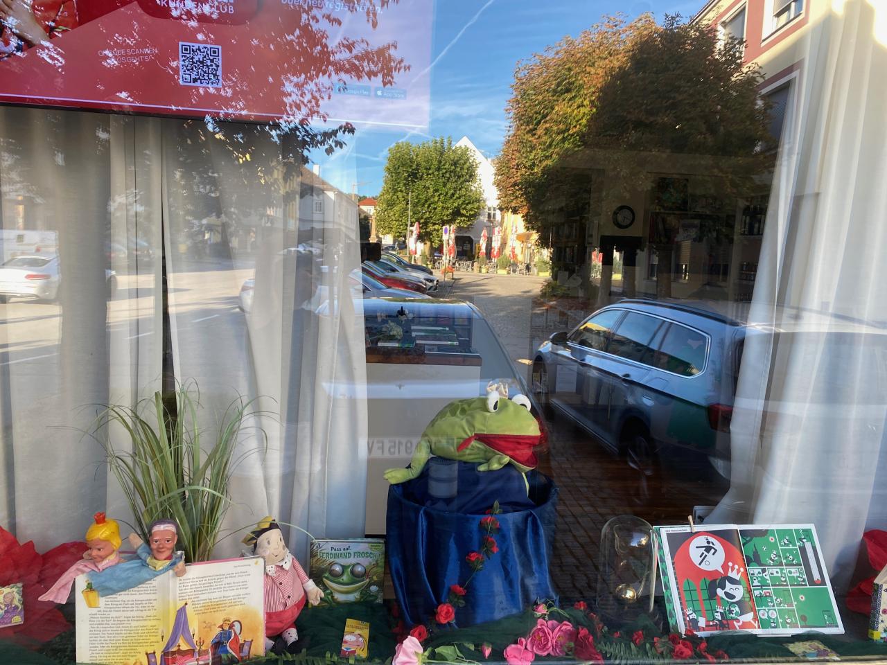 Ein Blick ins Schaufenster wo ein Frosch aus Plüsch sitzt