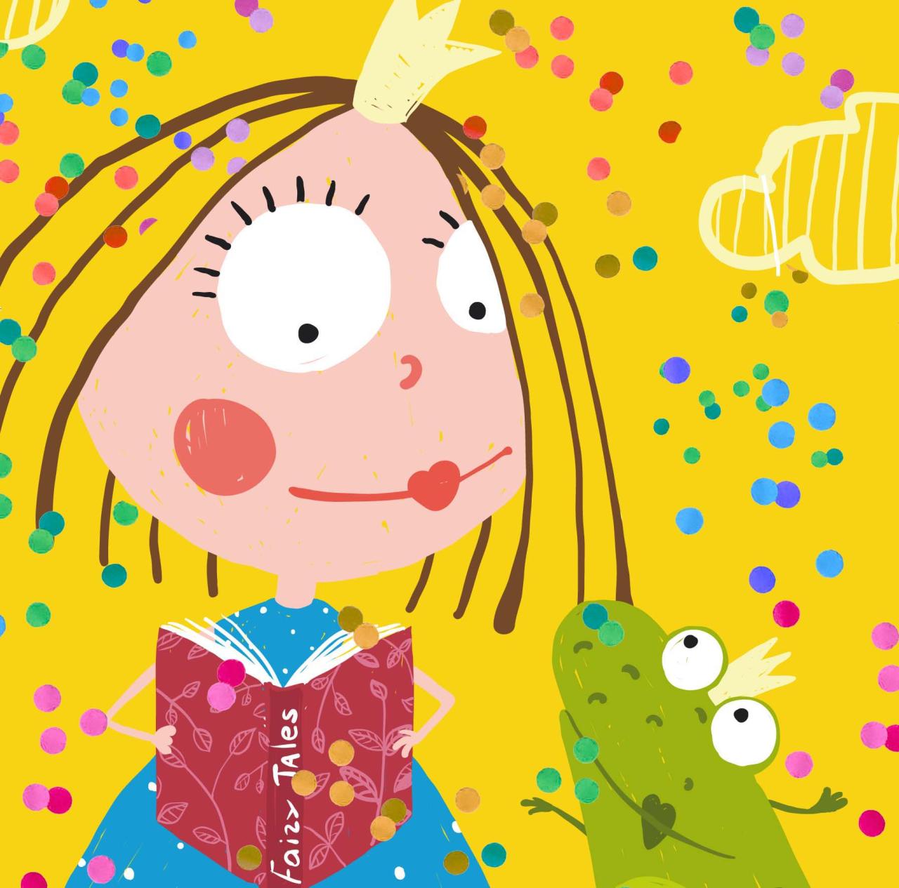 Eine Prinzessin liest einem Frosch aus einem Buch vor
