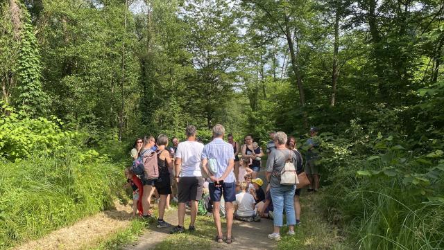 Eine Gruppe von Kindern und Erwachsene steht im Wald