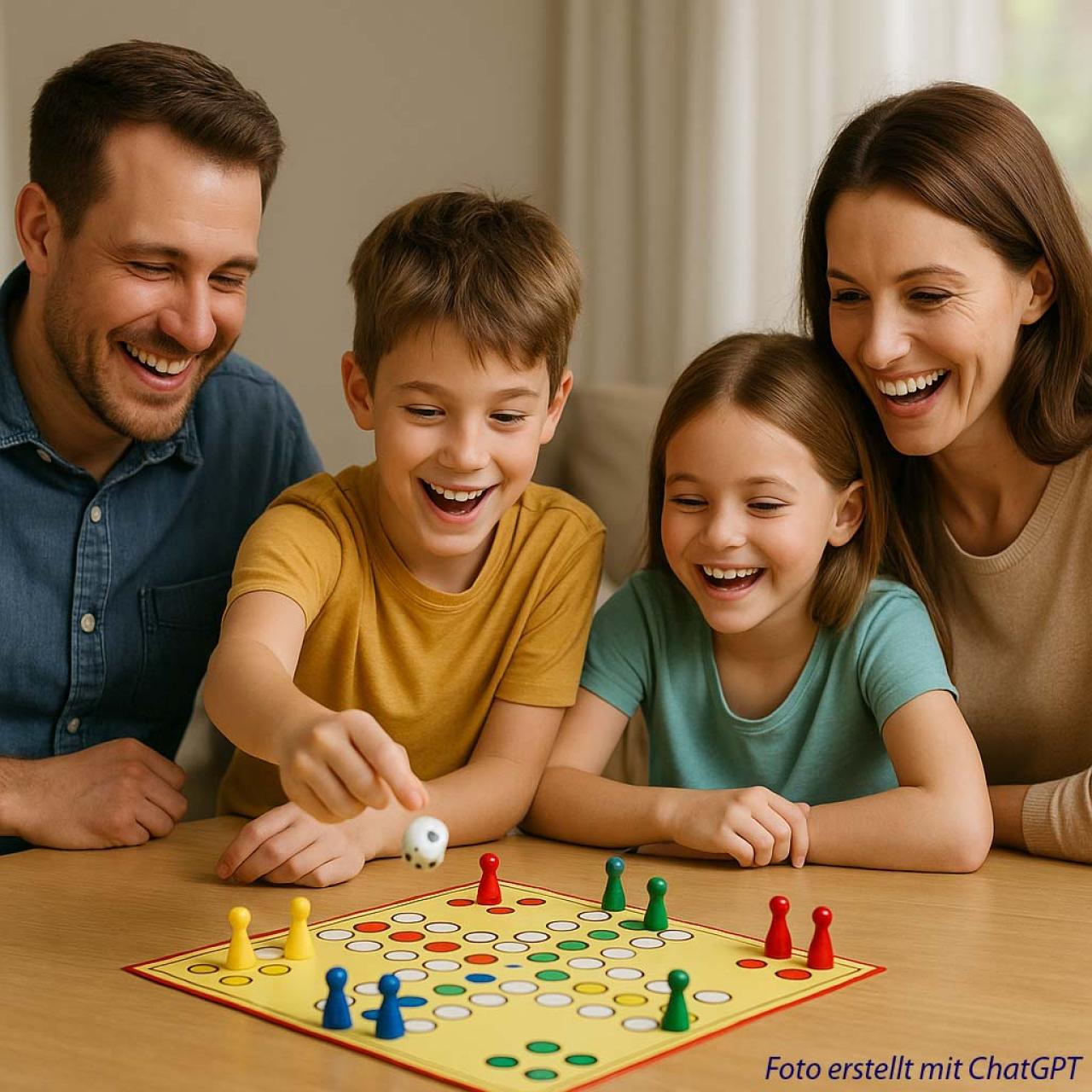 Eltern spielen mit ihren Kindern Mensch ärgere dich nicht