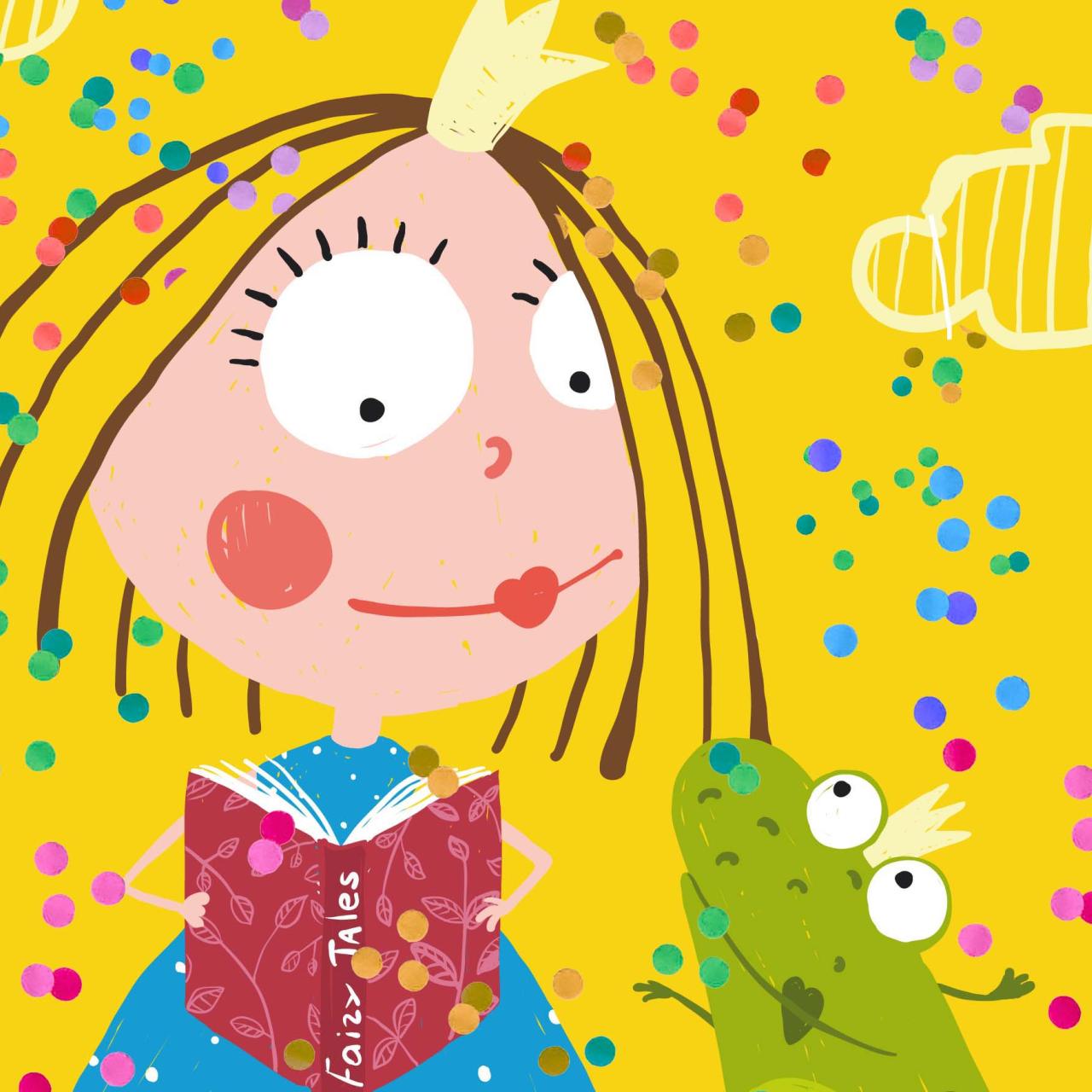 Eine Prinzessin liest einem Frosch aus einem Buch vor