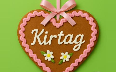 Ein Lebkuchenherz auf dem Kirtag steht und das Datum darunter